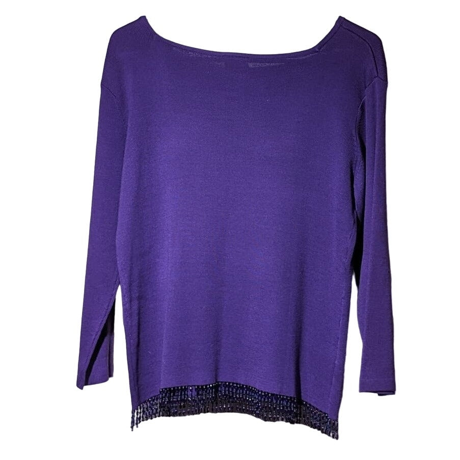 Vintage Clio Purple Silk Blend 3/4 Sleeve Beaded Fringe Sweater Womens Sz L