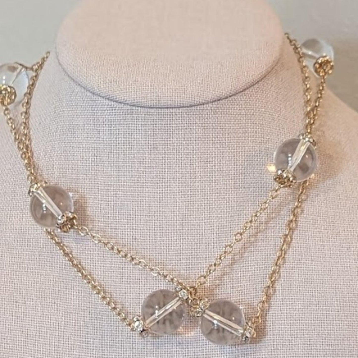 J Crew Clear Glass Bead Gold Tone Chain and Rhinestone Rondelle beads