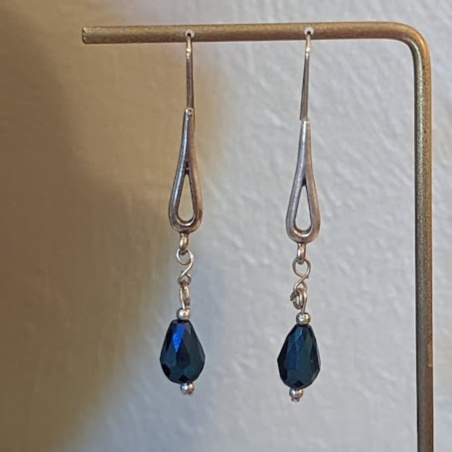 Blue Glass Crystal Teardrop Silver Tone Dangle Earrings