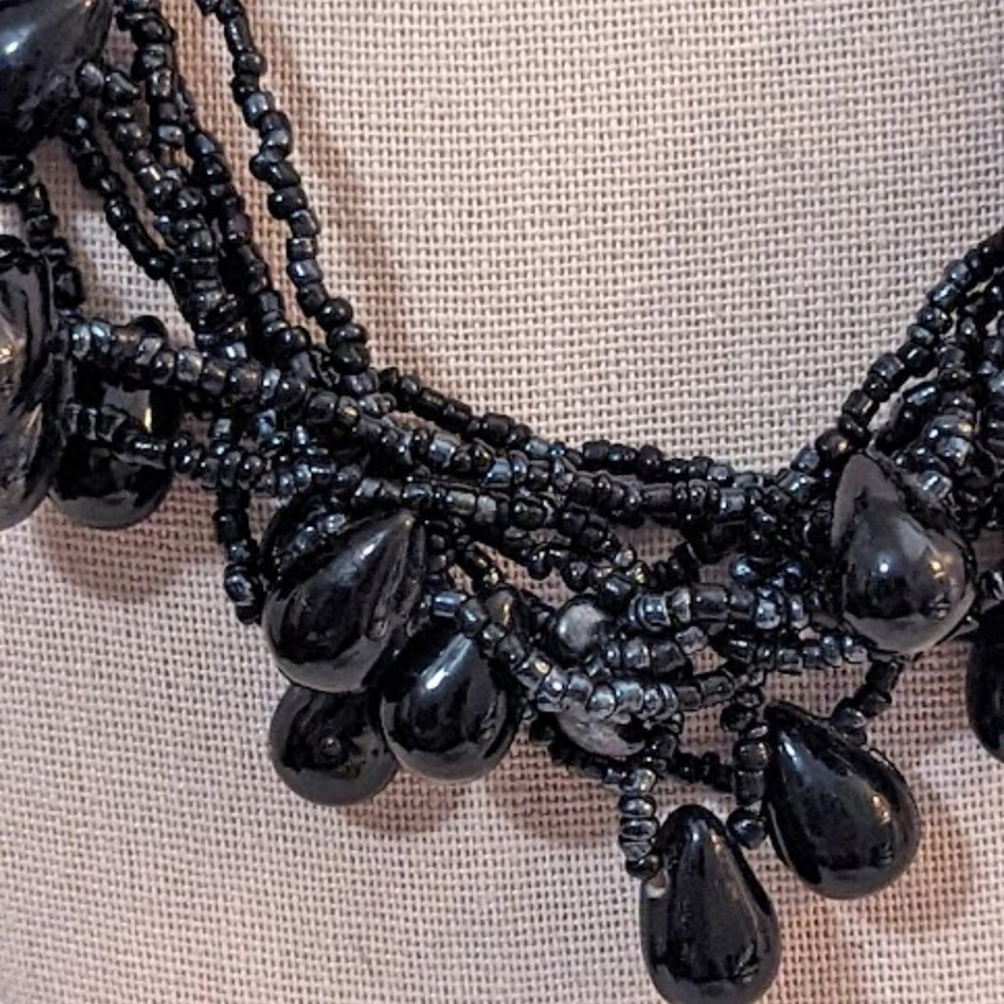 Chunky Black Glass Multi-Strand Seed Bead and Teardrop Bead Necklace