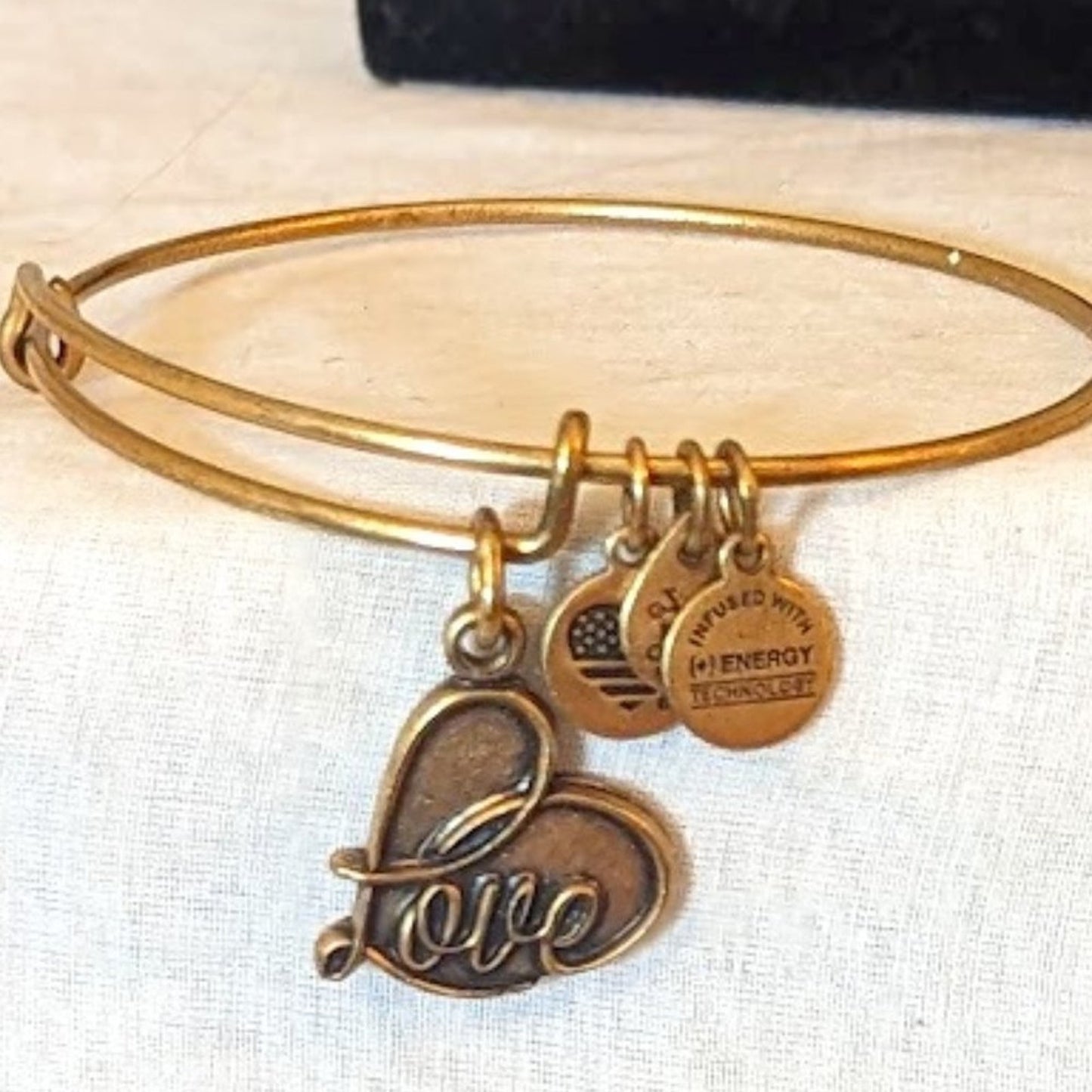 Alex and Ani Love Heart Charm Adjustable Slide Gold Tone Bangle Bracelet