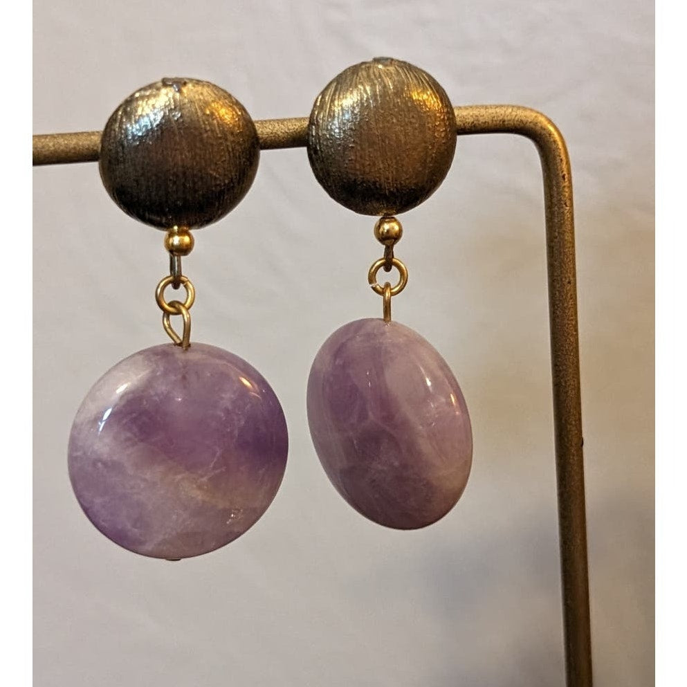 Lavender Purple Stone Dangle Gold Tone Post Earrings