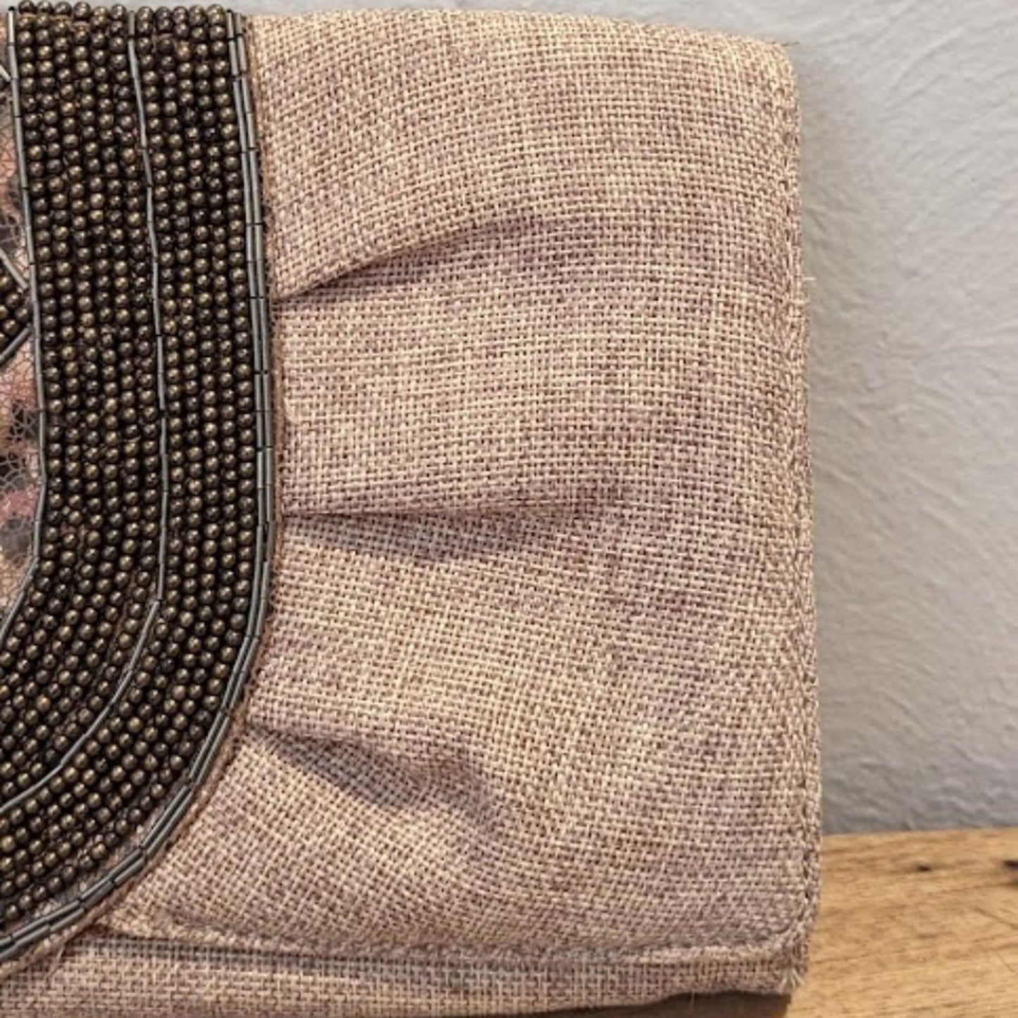 Chico's Woven Beaded Animal Print Envelope Clutch Tan