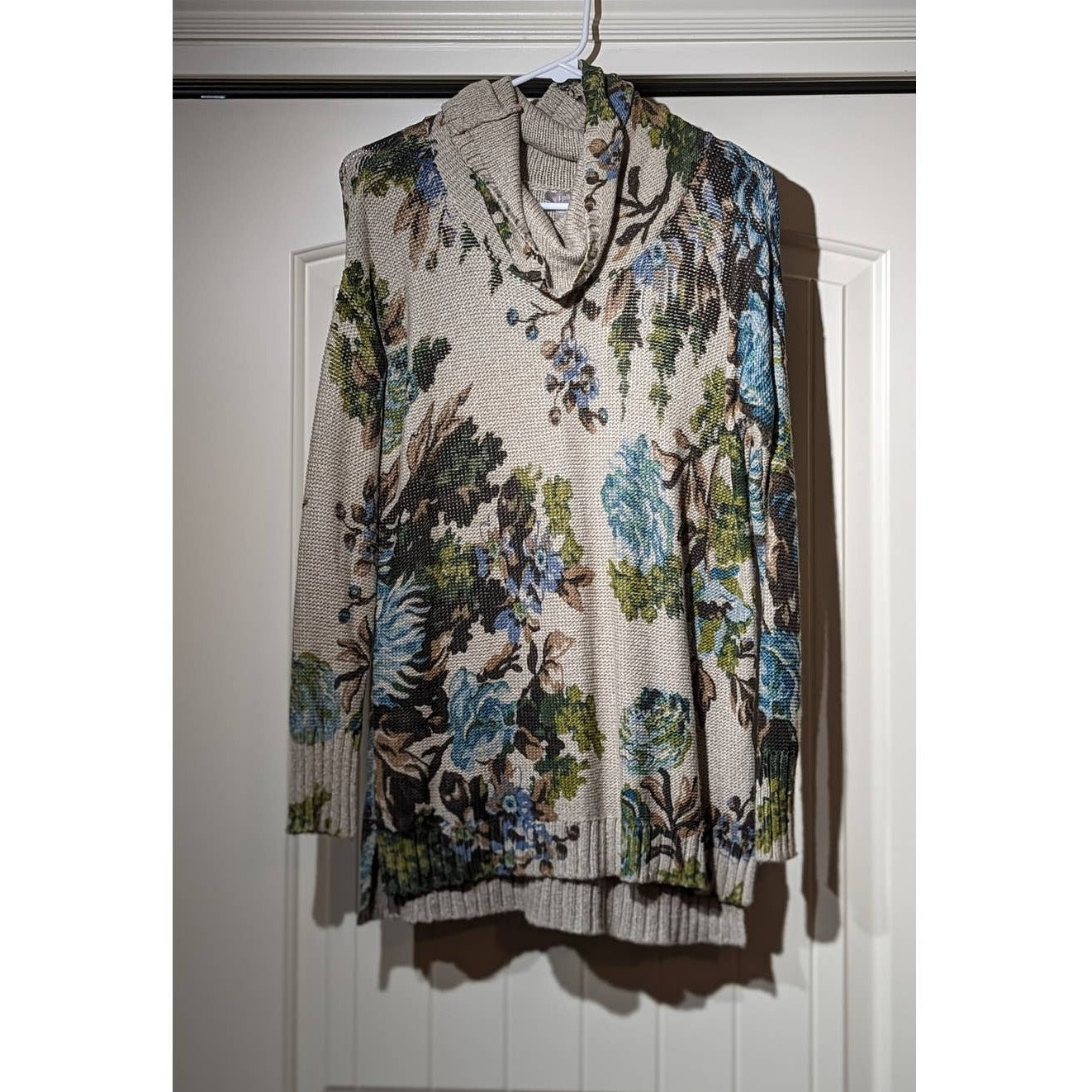 J Jill Beige Floral Cowl Neck Long Sleeve Tunic Sweater Womens Sz XS