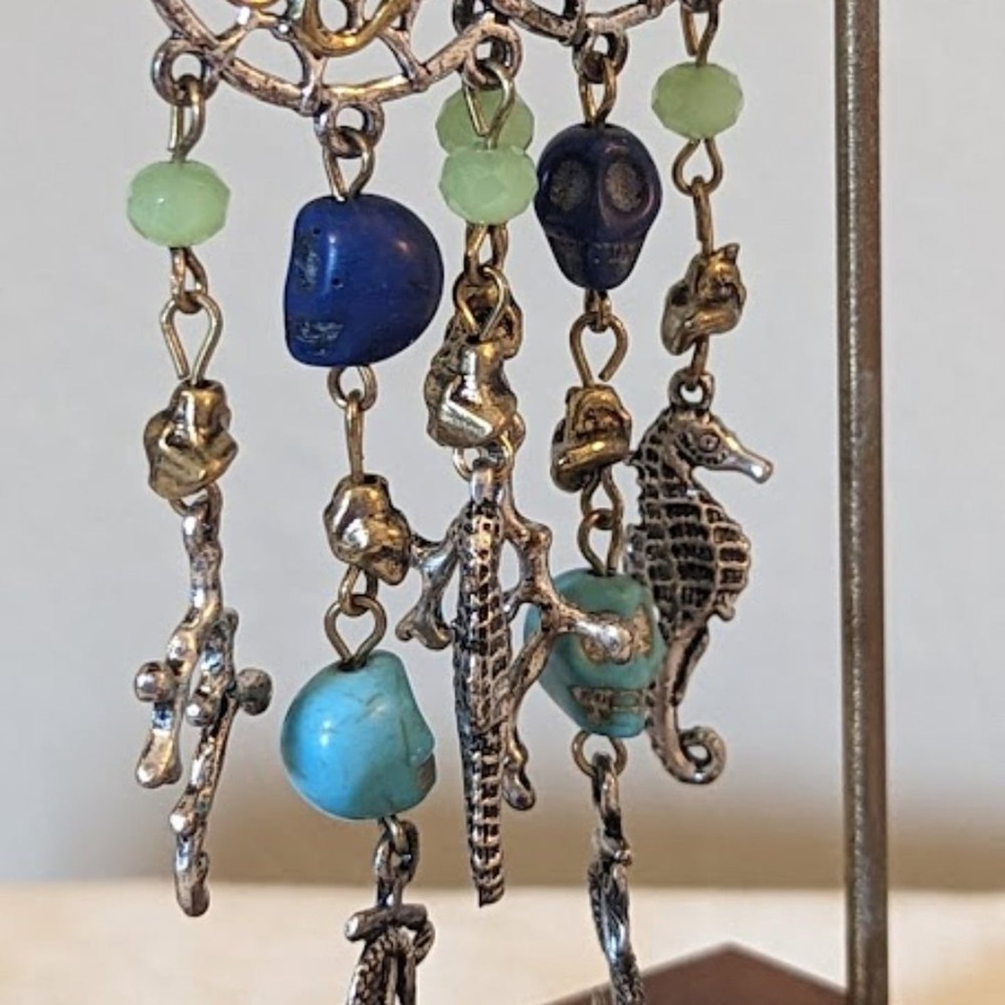 Nautical Charm Dangle Multi-Chain Bottom of the Sea Silver Tone Earrings
