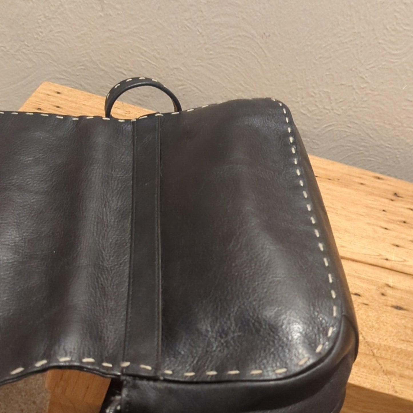 Adrienne Vittadini Crossbody Black Pebbled Topstitch Small Leather Handbag