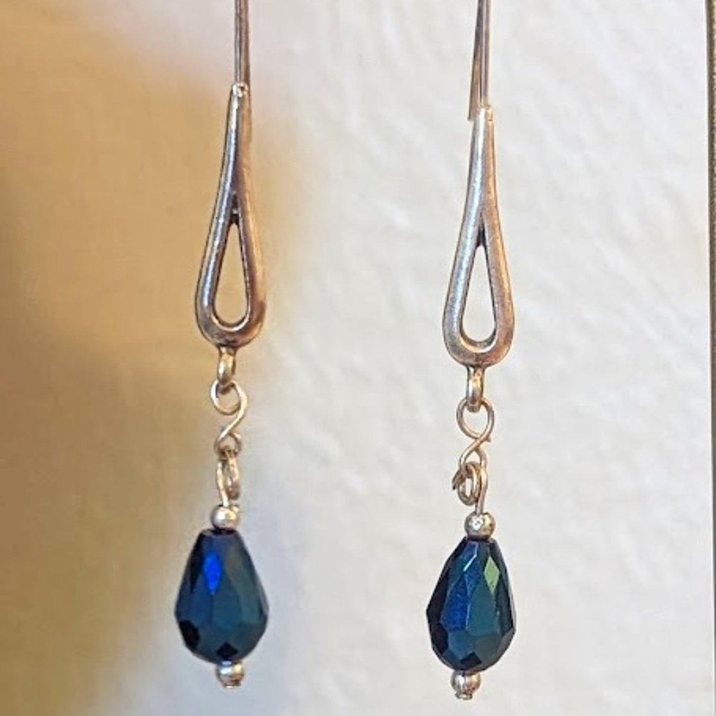 Blue Glass Crystal Teardrop Silver Tone Dangle Earrings