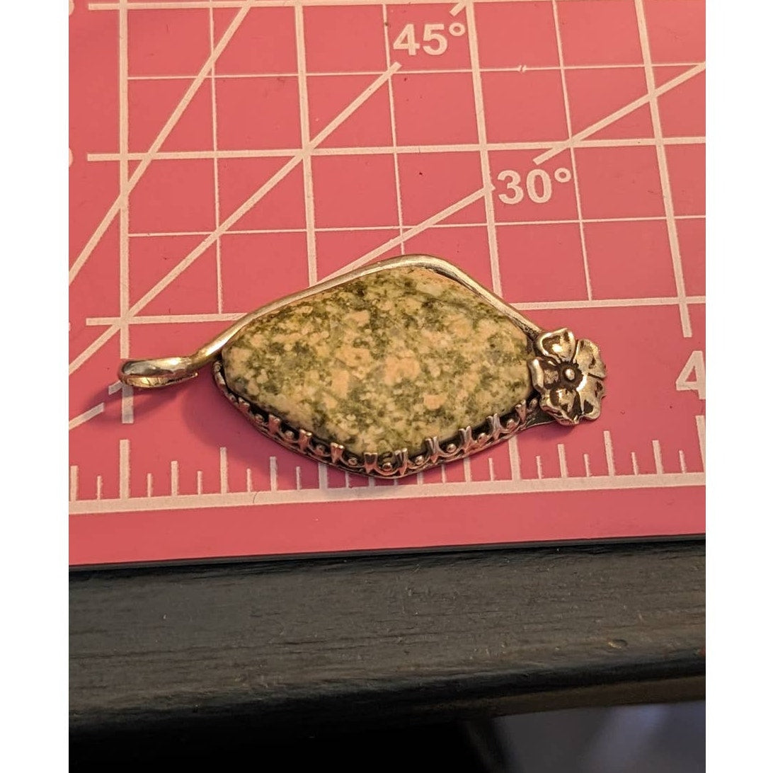 Thulite or Unakite Large Stone Pendant Set in Sterling 925 Marked 'Irene'