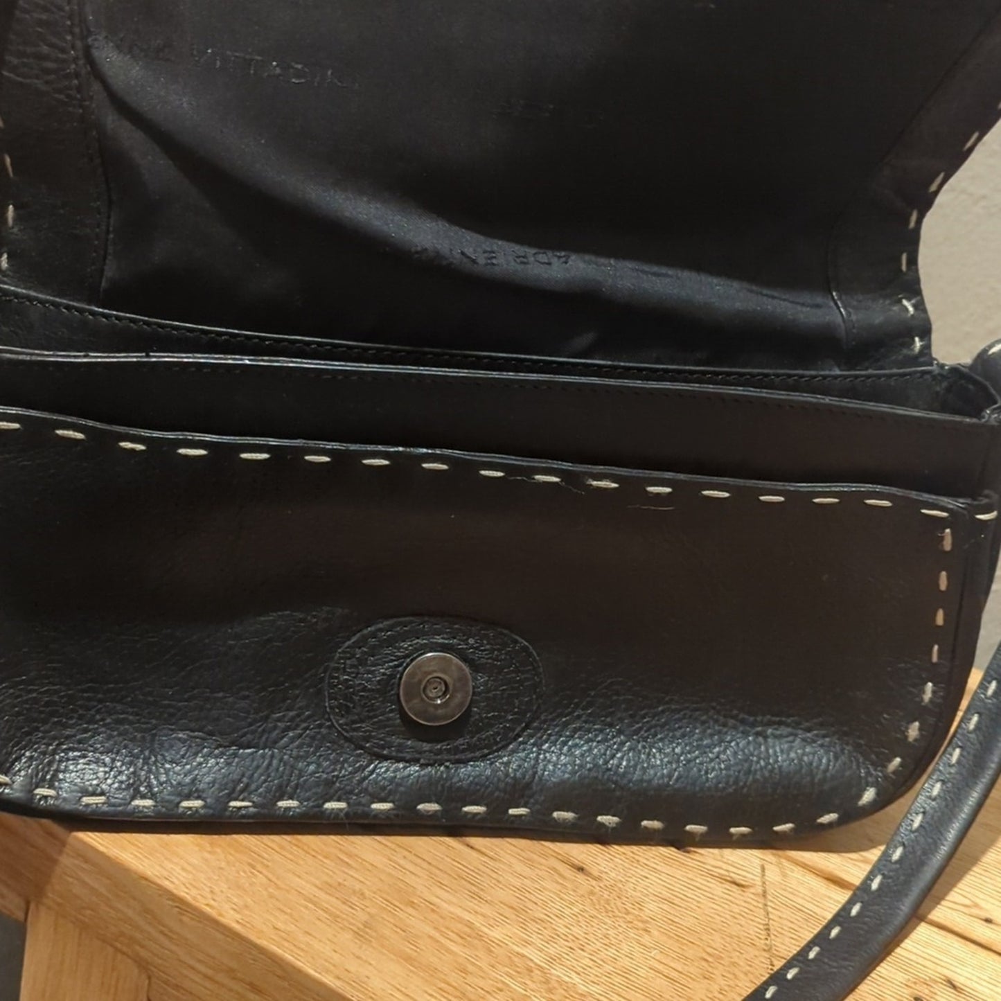 Adrienne Vittadini Crossbody Black Pebbled Topstitch Small Leather Handbag