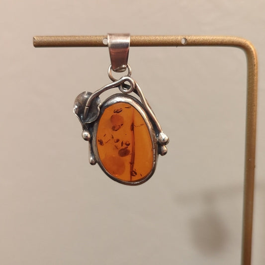 Vintage Art Nouveau Sterling 925 Real Warsaw Polish Amber Designer SR  Pendant