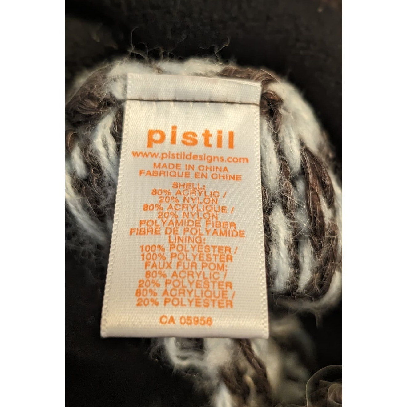 Pistil Brown/Cream ZigZag Print Knit Faux Fur Pom Pom Beanie