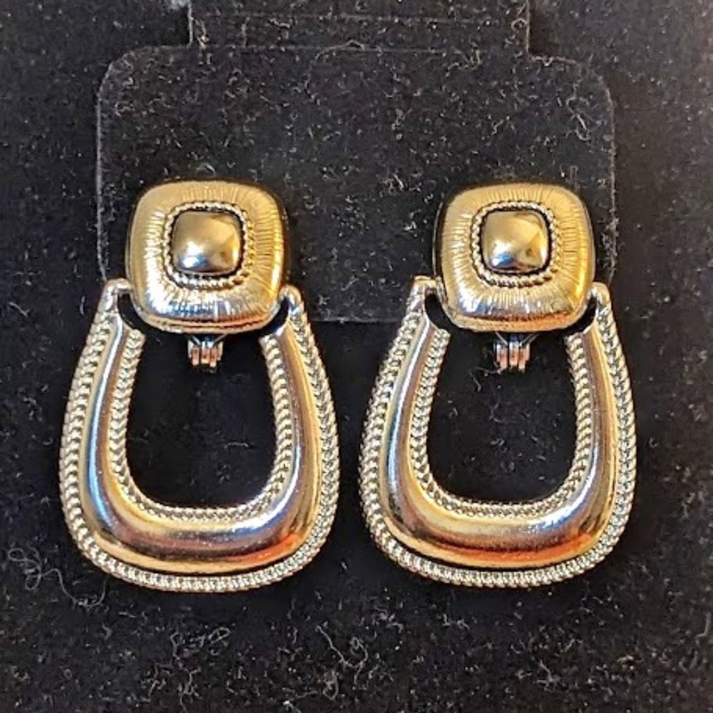 Vintage Signed Monet Silver Tone Clip On Doorknocker Earrings