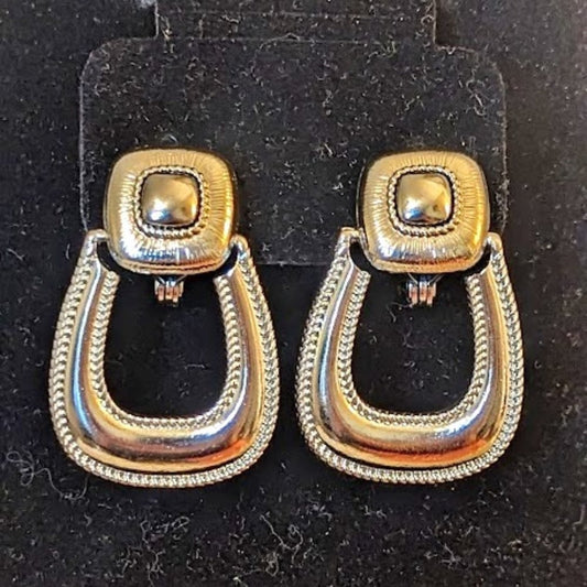 Vintage Signed Monet Silver Tone Clip On Doorknocker Earrings