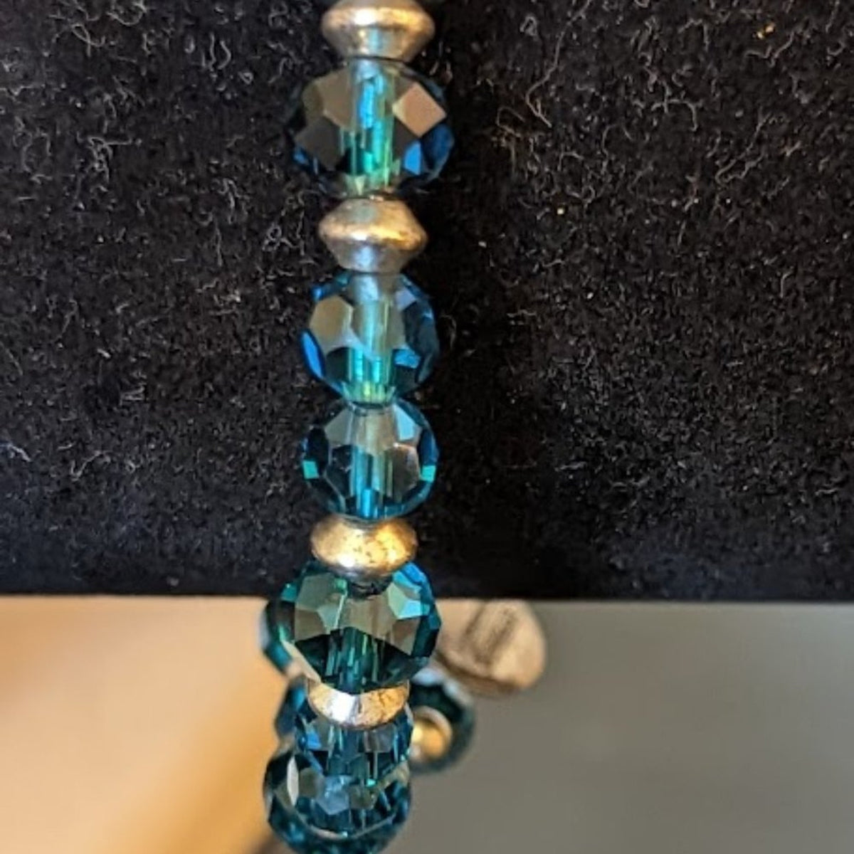 Alex and Ani Vintage Sixty Six Teal Blue Crystal Wood Bead Wire Wrap Bracelet