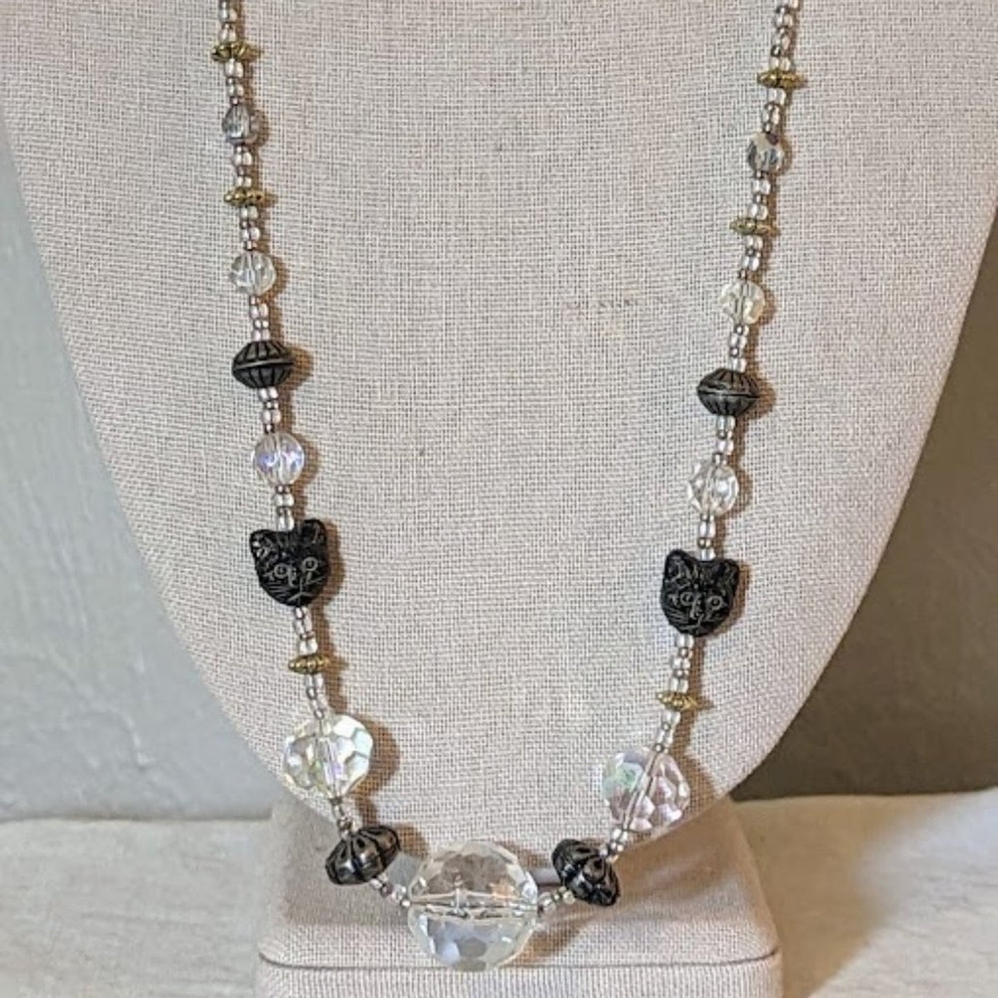 Quirky Crystal Kitty Beaded Silver Tone Necklace