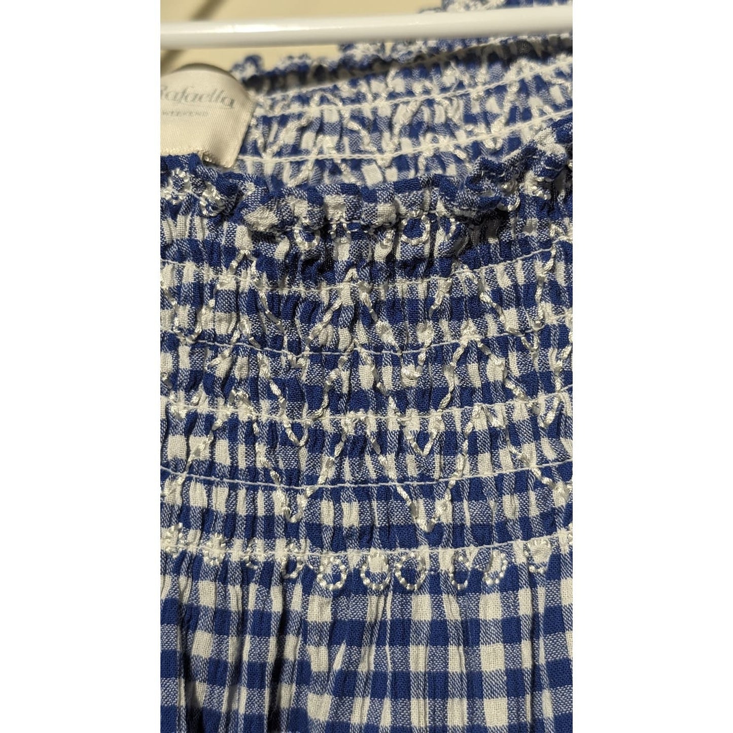 Rafaella Blue Gingham Gauzy Smock Neck 3/4 Smock Bell Sleeve Top Womens Sz 2X