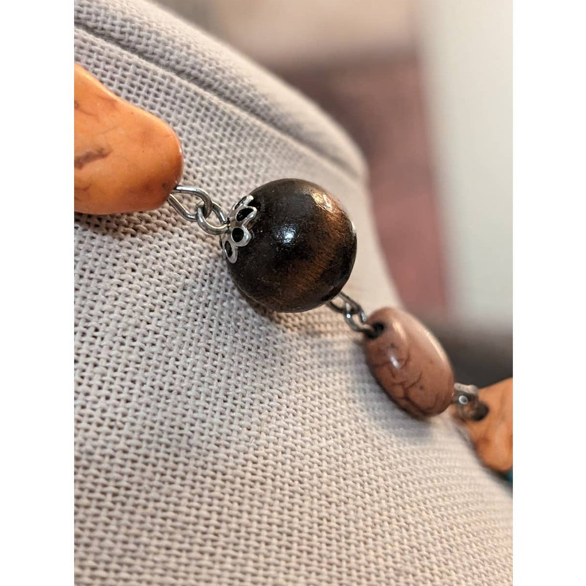 Howlite Stone in Orange, Blue and Beige w/ Brown Beads Necklace