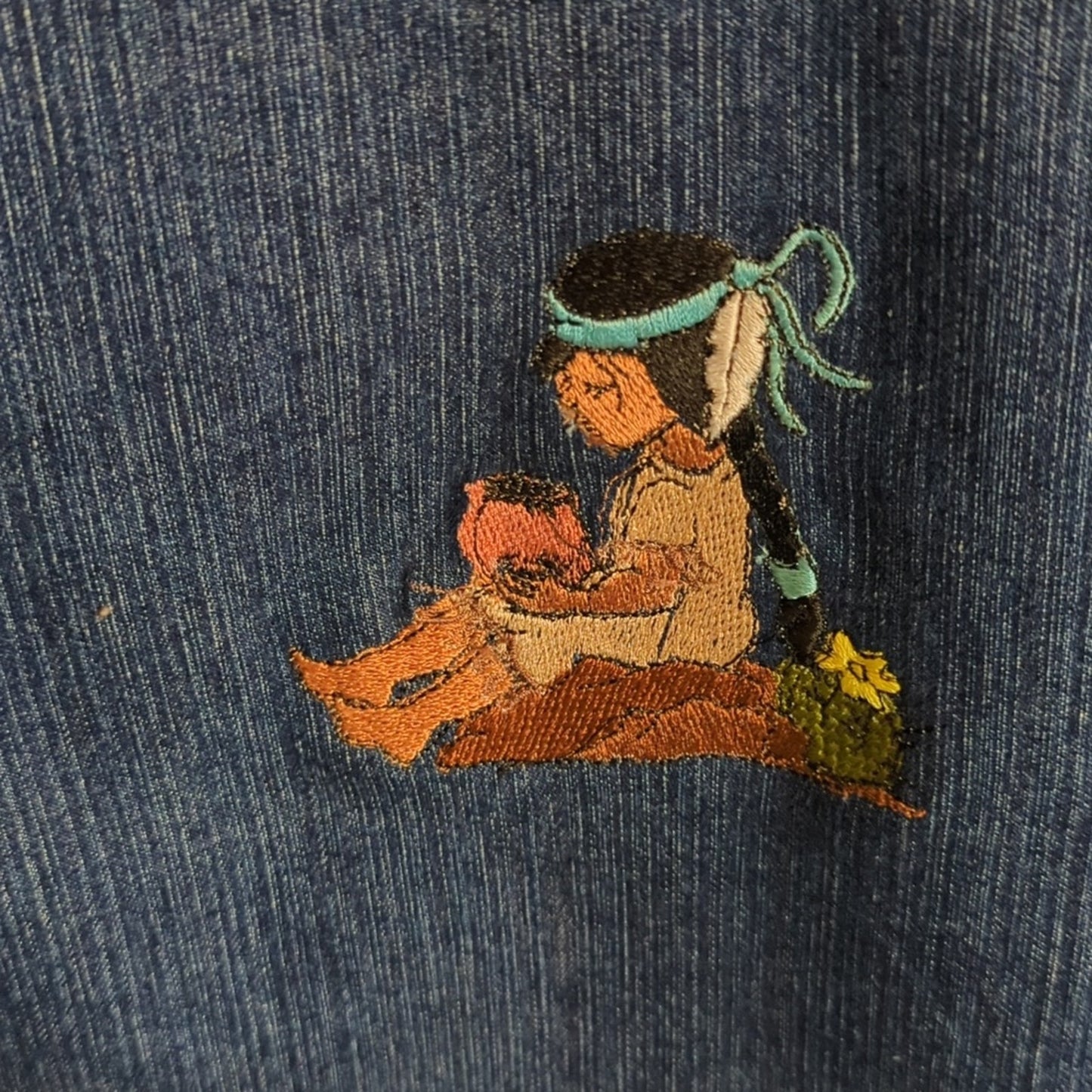 Cruel Girl Jean Jacket/Shacket With Navajo Embroidered Native American Figures