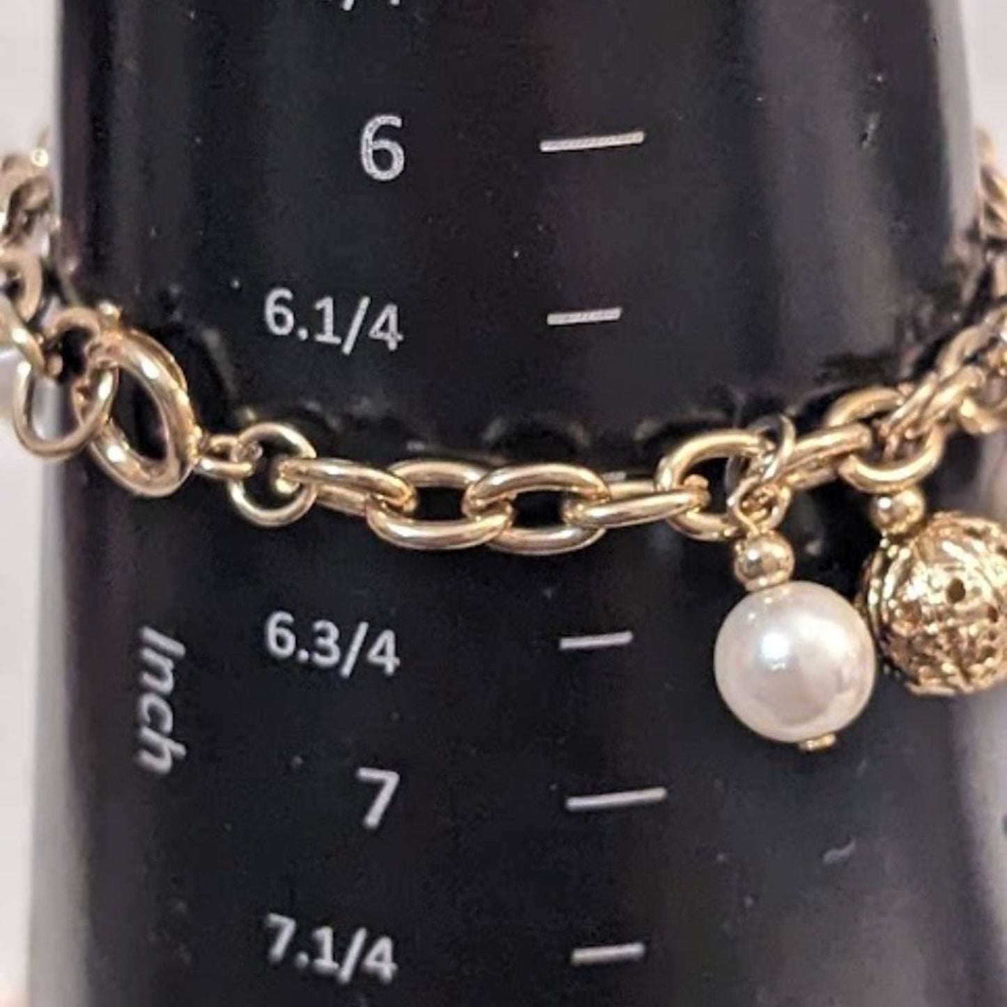 Vintage Gold Tone Filigree Ball Round & Teardrop Faux Pearl Bead Bracelet