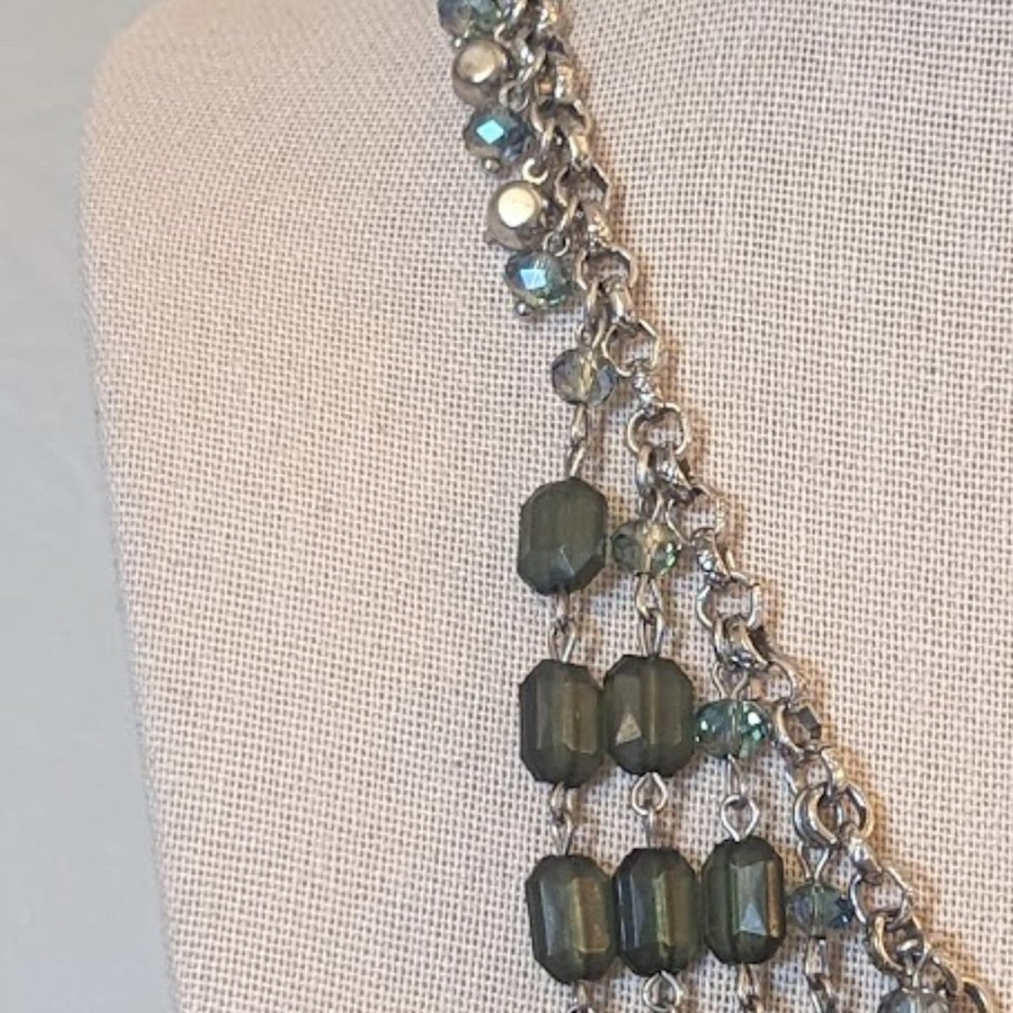 Cascading Bibbed Green Bead Silver Tone Statement Necklace