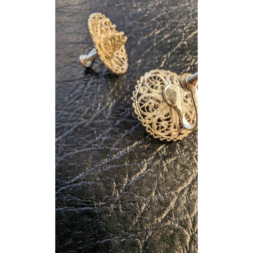 Vintage 1940s Sterling 925 Mexico Sombrero Hat Filigree Screw Back Earrings