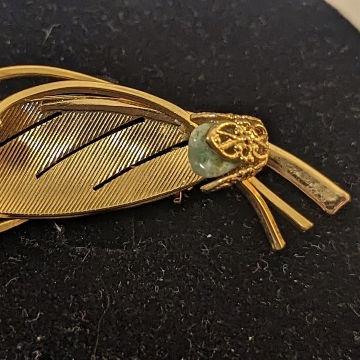 Vintage Faux Pearl and Adventurine Gold Tone Leaf Brooch