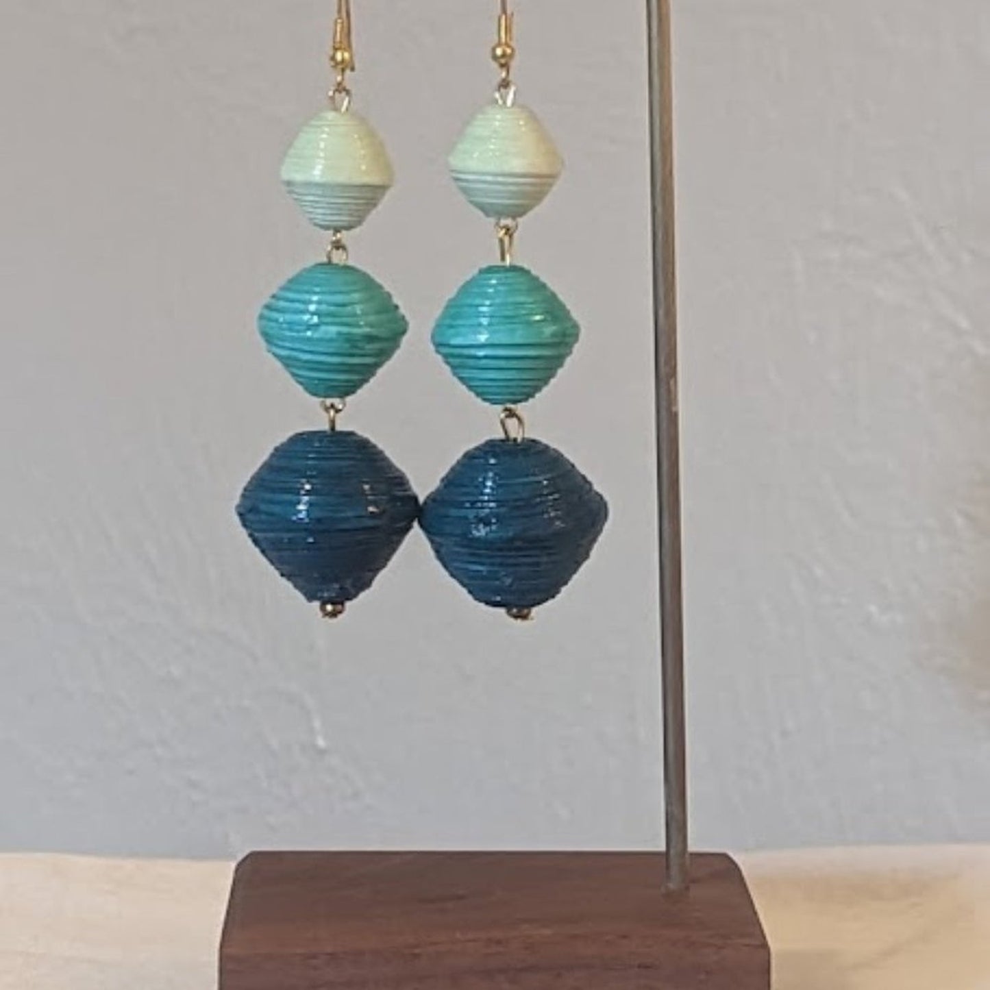 Handcrafted Colors of Teal Paper Bead Dangle Earrings Made in Uganda