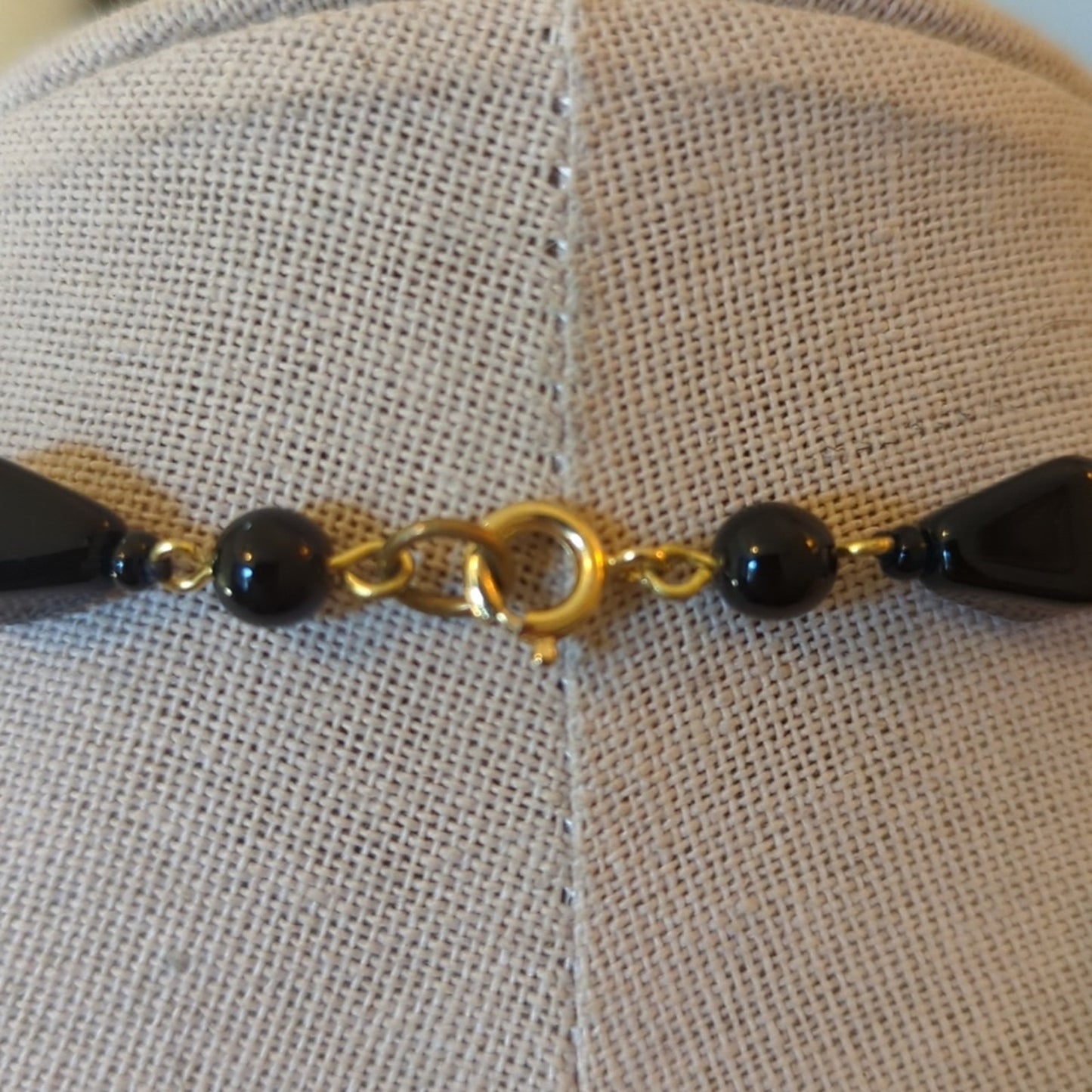 Midcentury Vintage Black Glass Beaded 18" Necklace W/ Spring Ring Clasp