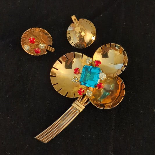Demi-parure 1940s Gold Vermeil Over Sterling Rhinestone Brooch & Earring Set