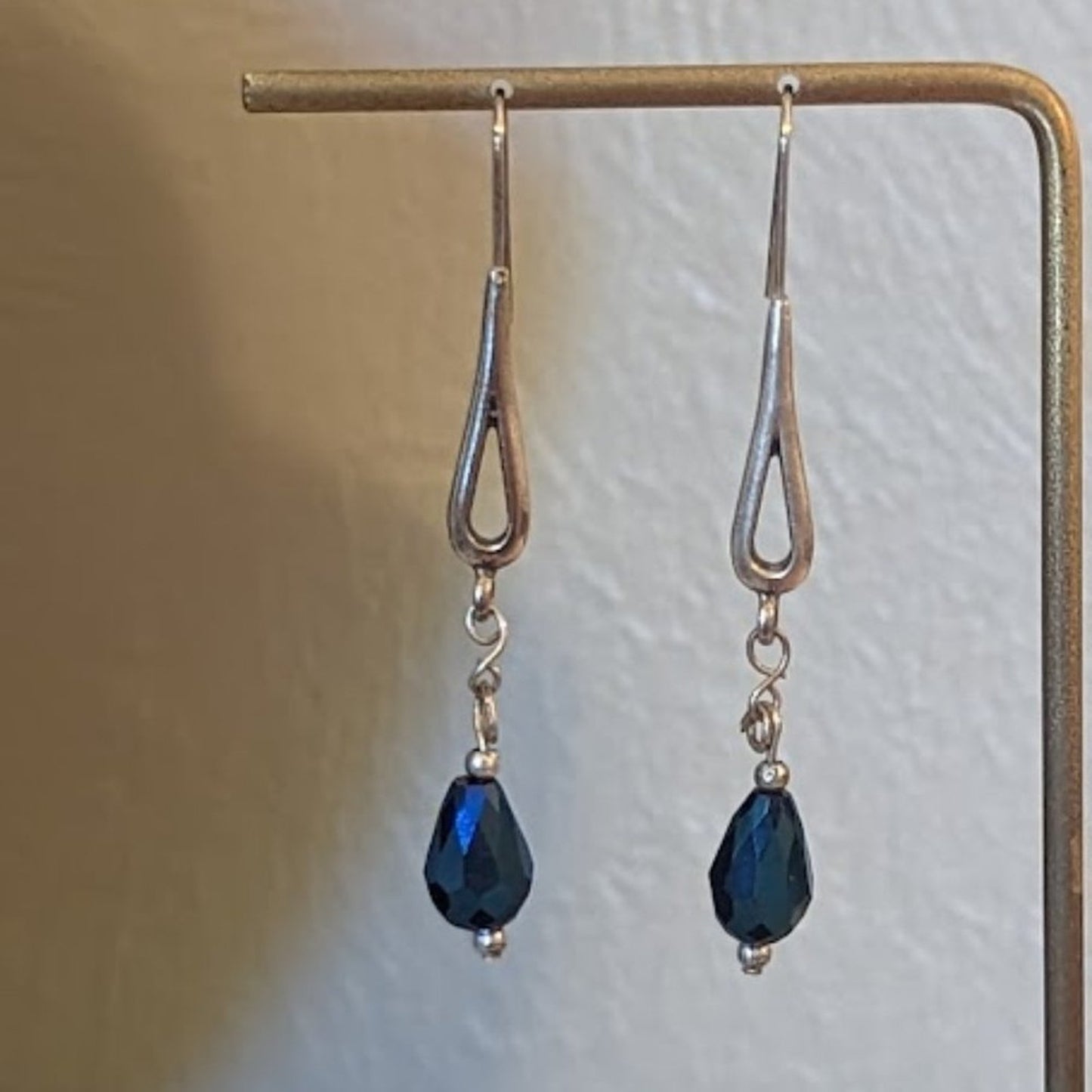 Blue Glass Crystal Teardrop Silver Tone Dangle Earrings
