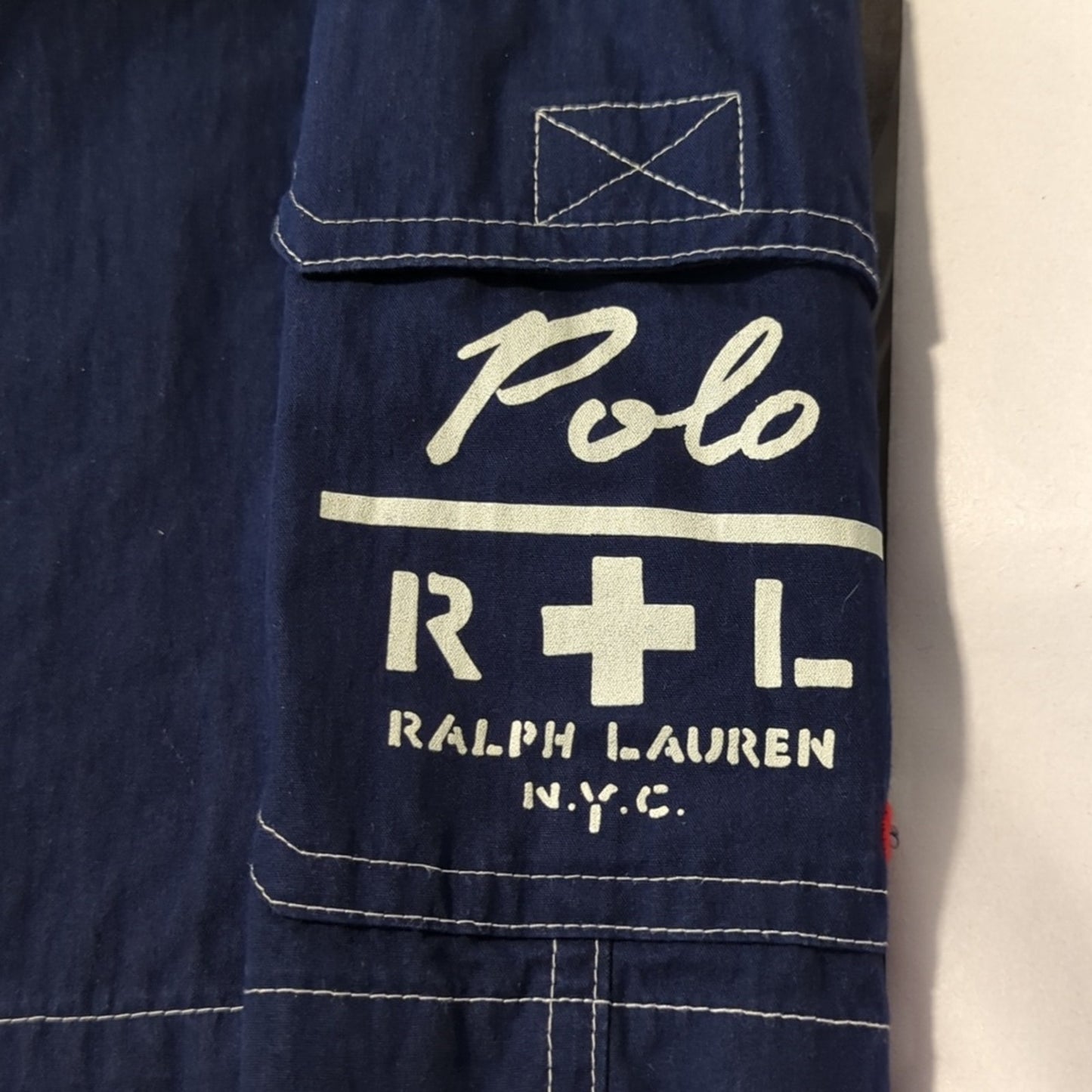 Polo Ralph Lauren Navy White Stripe Velcro Front Logo Pocket Swim Trunks Sz 34