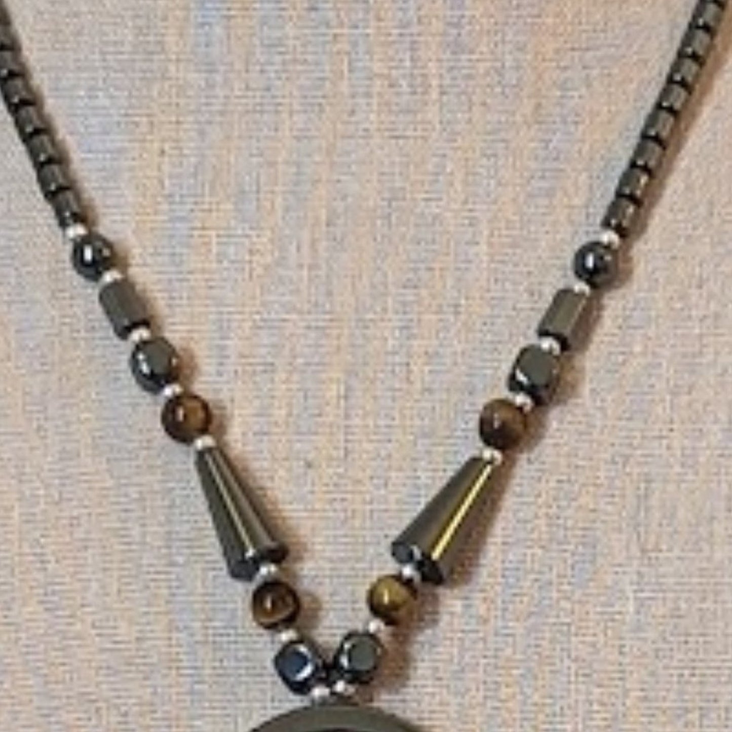Hematite, Tiger's Eye and Silver Tone Beaded Necklace
