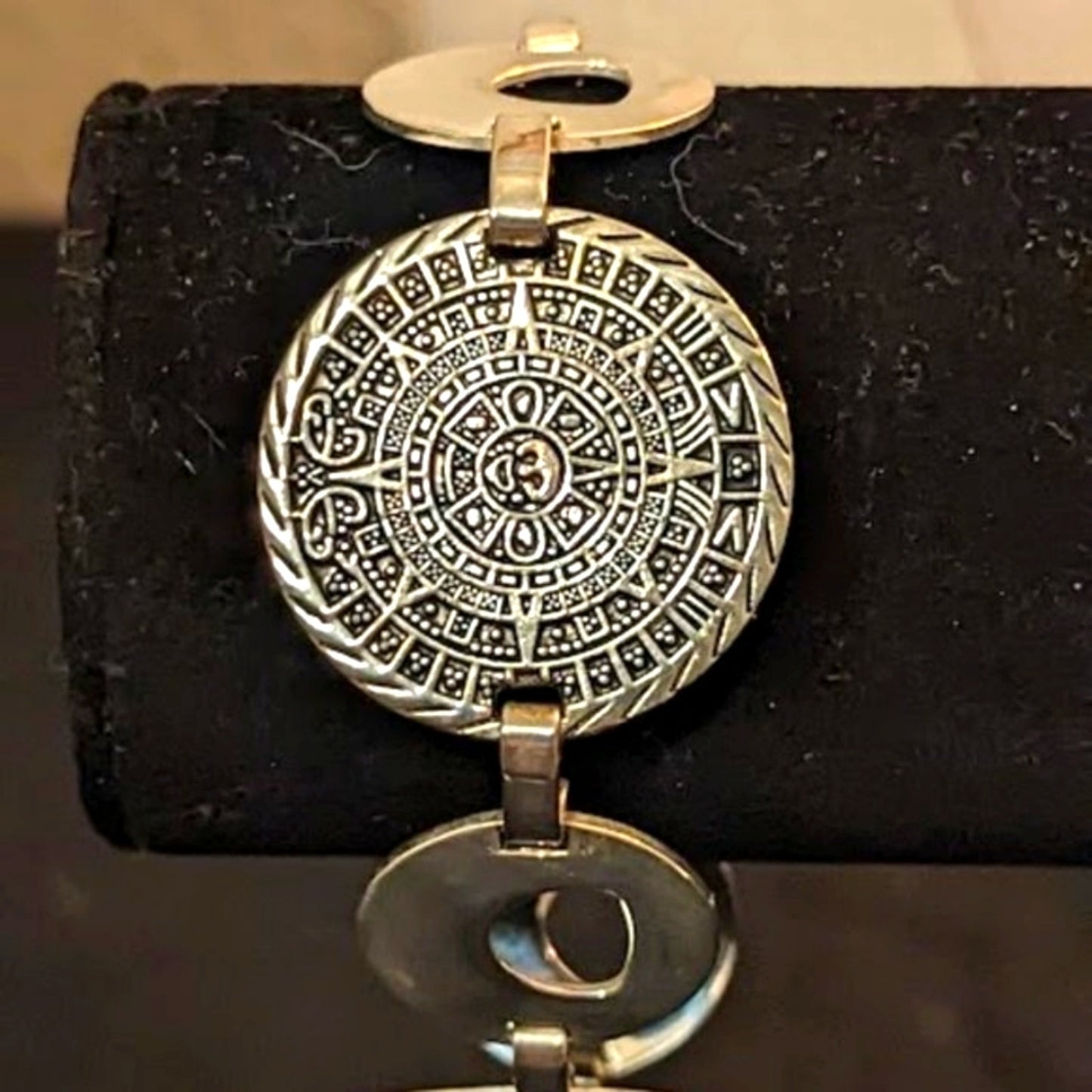 Vintage Silver Tone Mayan Aztec Calendar Coin Fold Over Clasp Bracelet
