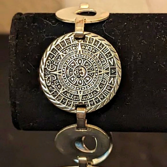 Vintage Silver Tone Mayan Aztec Calendar Coin Fold Over Clasp Bracelet