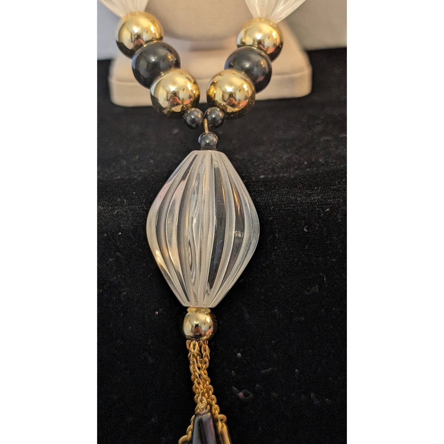Art Deco Hollywood Glam Black Bead Clear Lucite Tassel Bold Statement Necklace