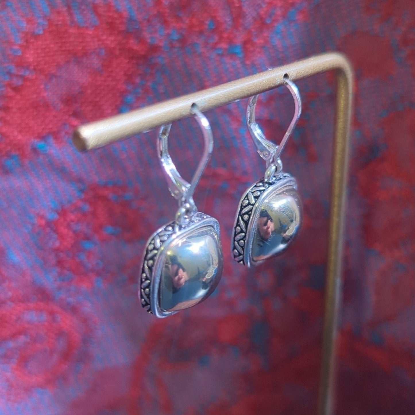 Napier Signed Two Tone Square Domed Side Etched Lever Back Earrings