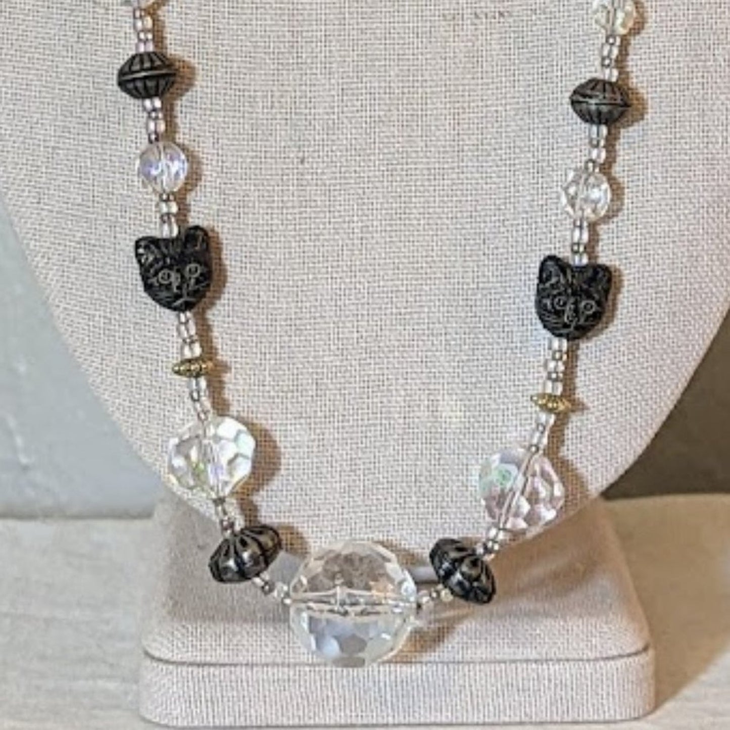 Quirky Crystal Kitty Beaded Silver Tone Necklace