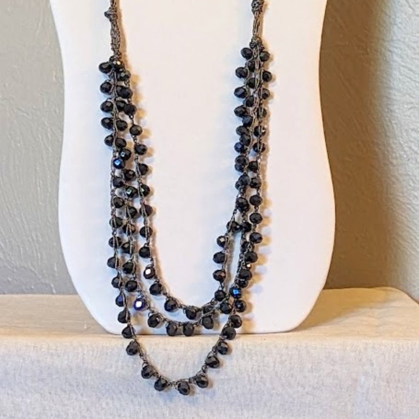 Black or Navy AB Coated Glass Crystal Faceted Beads Woven on a Metallic Chain