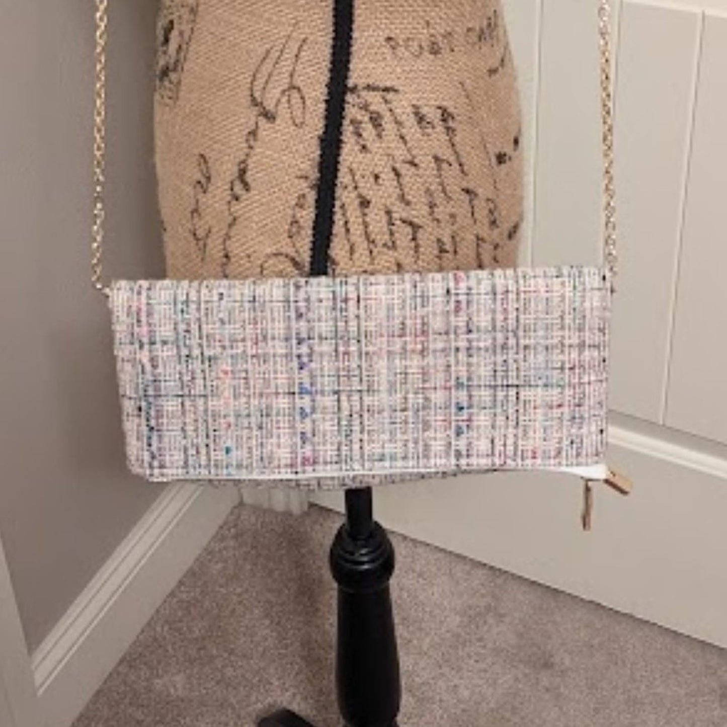 Cream Tweed Fold Over Bag. Gold Tone Hardware and Chain with White Satin Lining