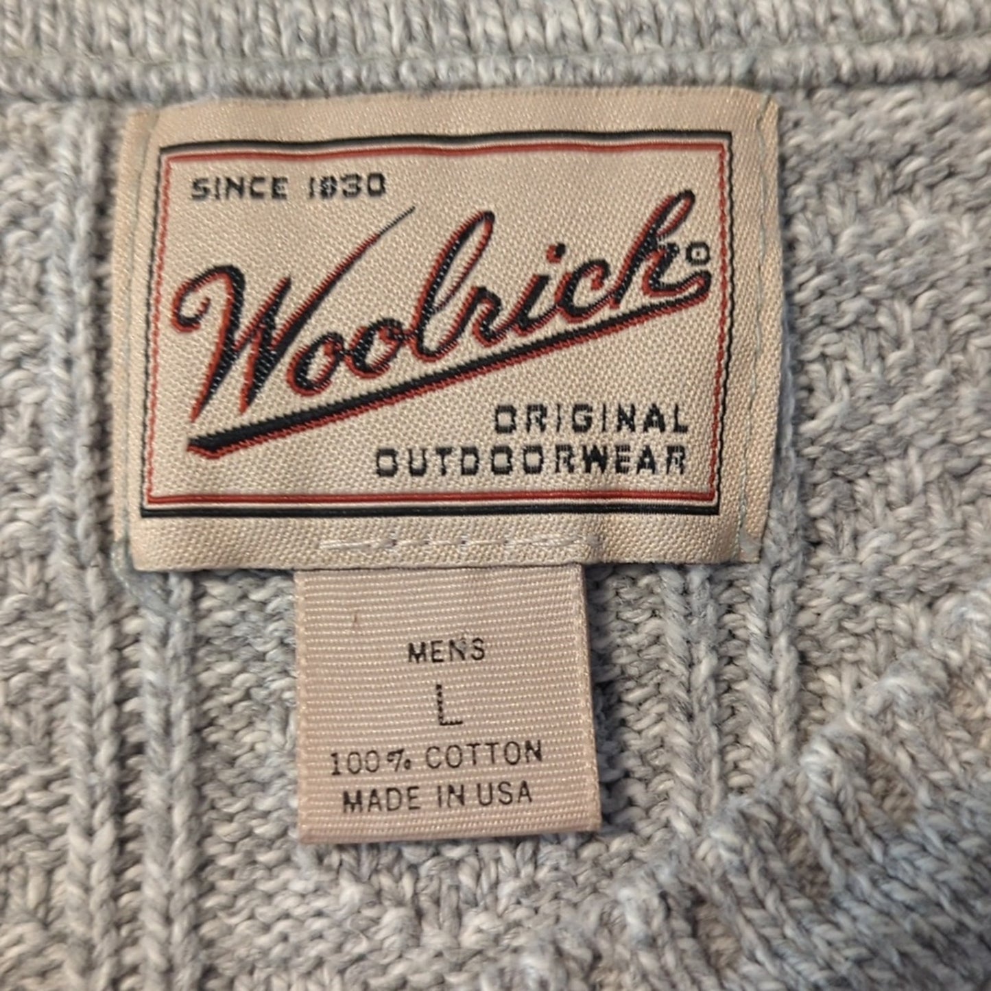 Woolrich Gray Knit V-Neck Sweater with Blue Stripe Chest Design Men's Size L