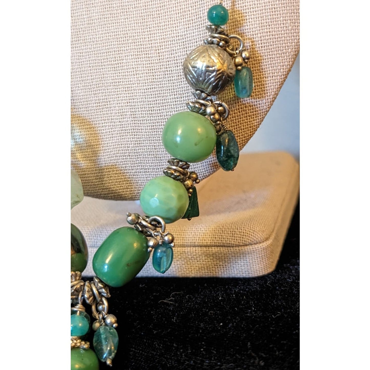 Green Multi-Shape and Color Beaded Silver Tone Tassel Necklace