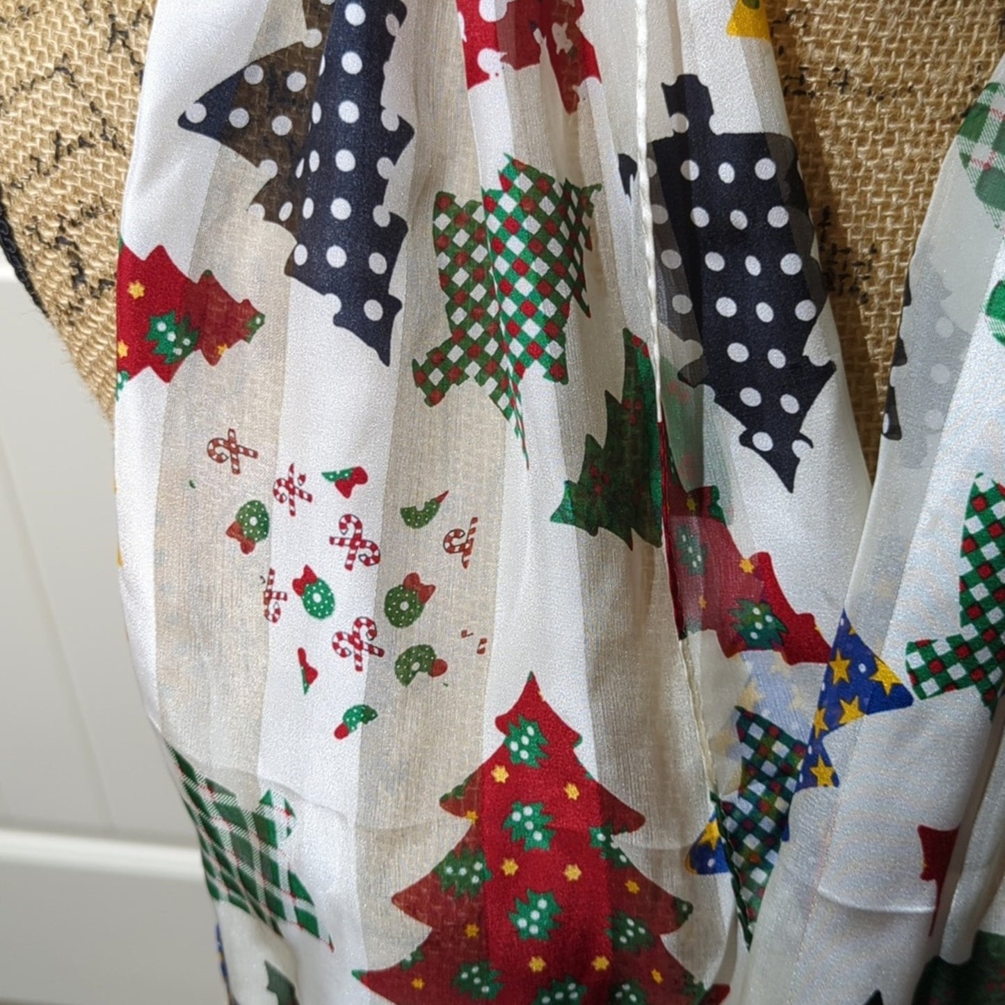 Christmas Holiday Patchwork Tree Design White 52" Long 10" Wide Rectangle Scarf