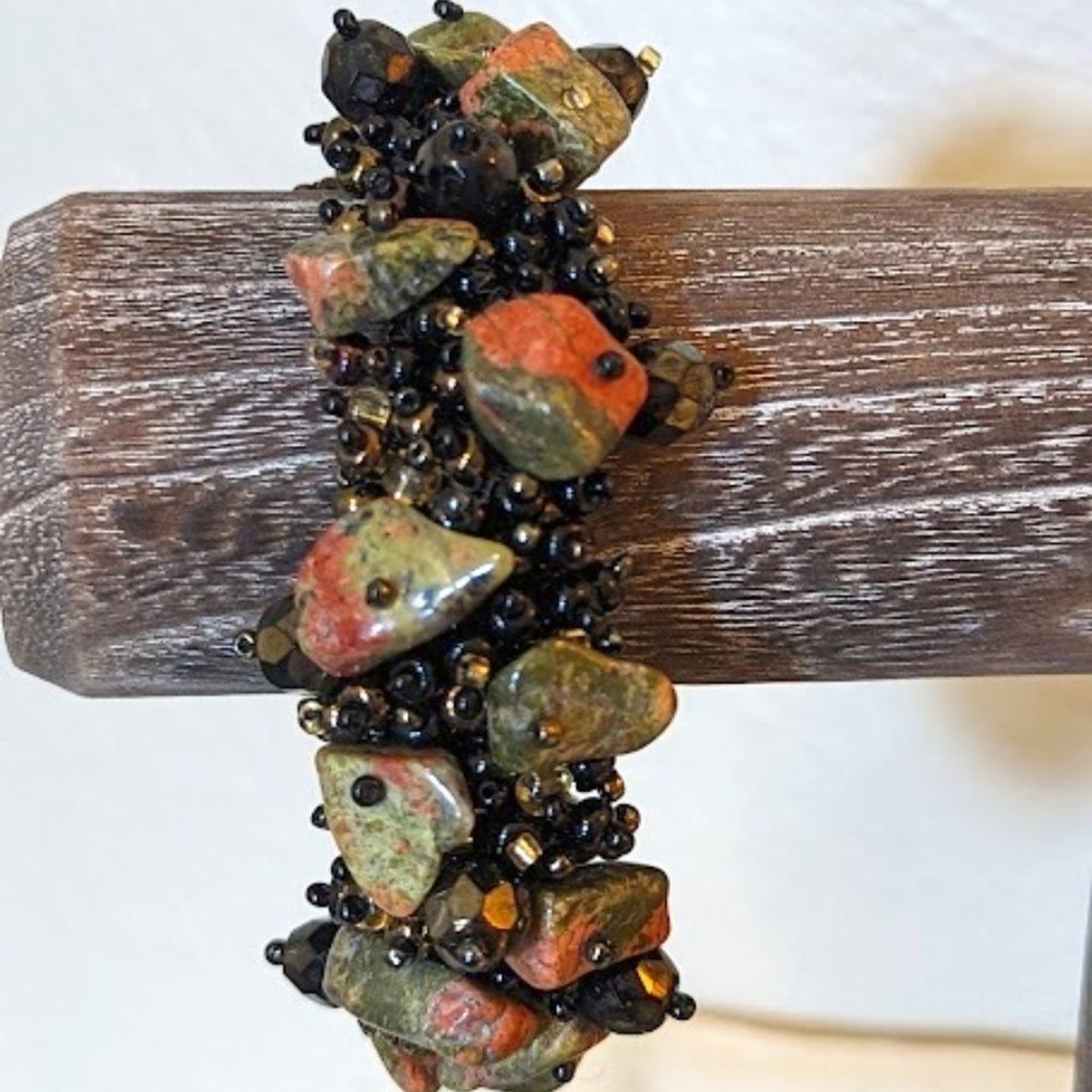 Artist Woven Seed Bead and Unakite Stone Chip Cuff Magnetic Closure Bracelet