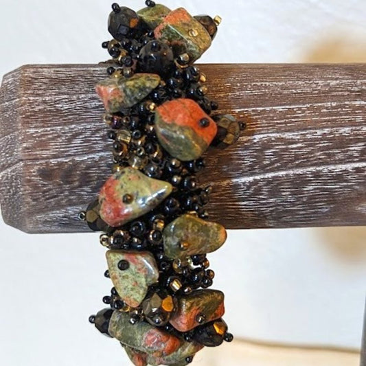 Artist Woven Seed Bead and Unakite Stone Chip Cuff Magnetic Closure Bracelet