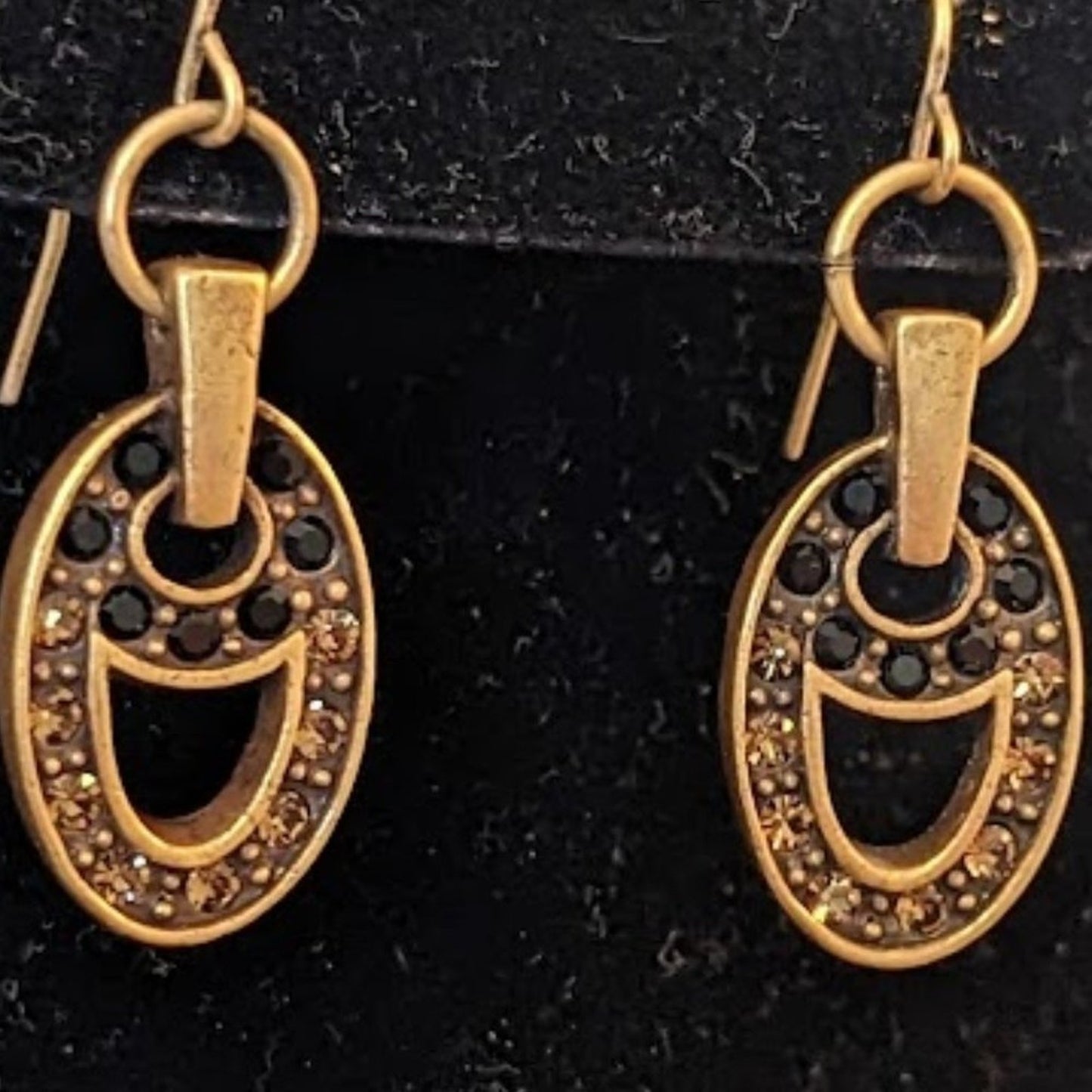 Black and Brown Rhinestones Set in Ovals of Brushed Antique Gold Earrings