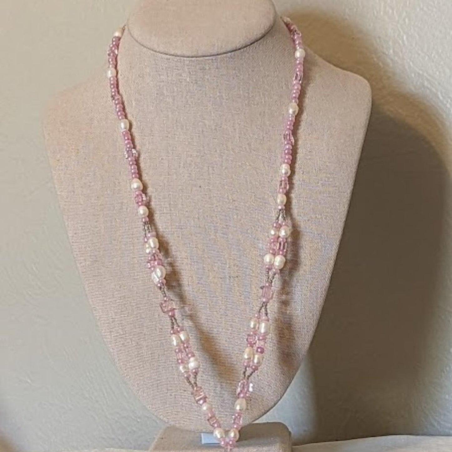 Pink Quartz, Potato Pearls, and Glass Bead Tassel Necklace