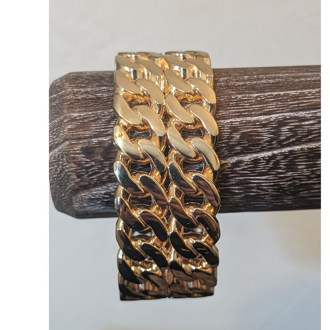 Gold Tone Double Curb Link Oval Hinge Close Clamper Bracelet