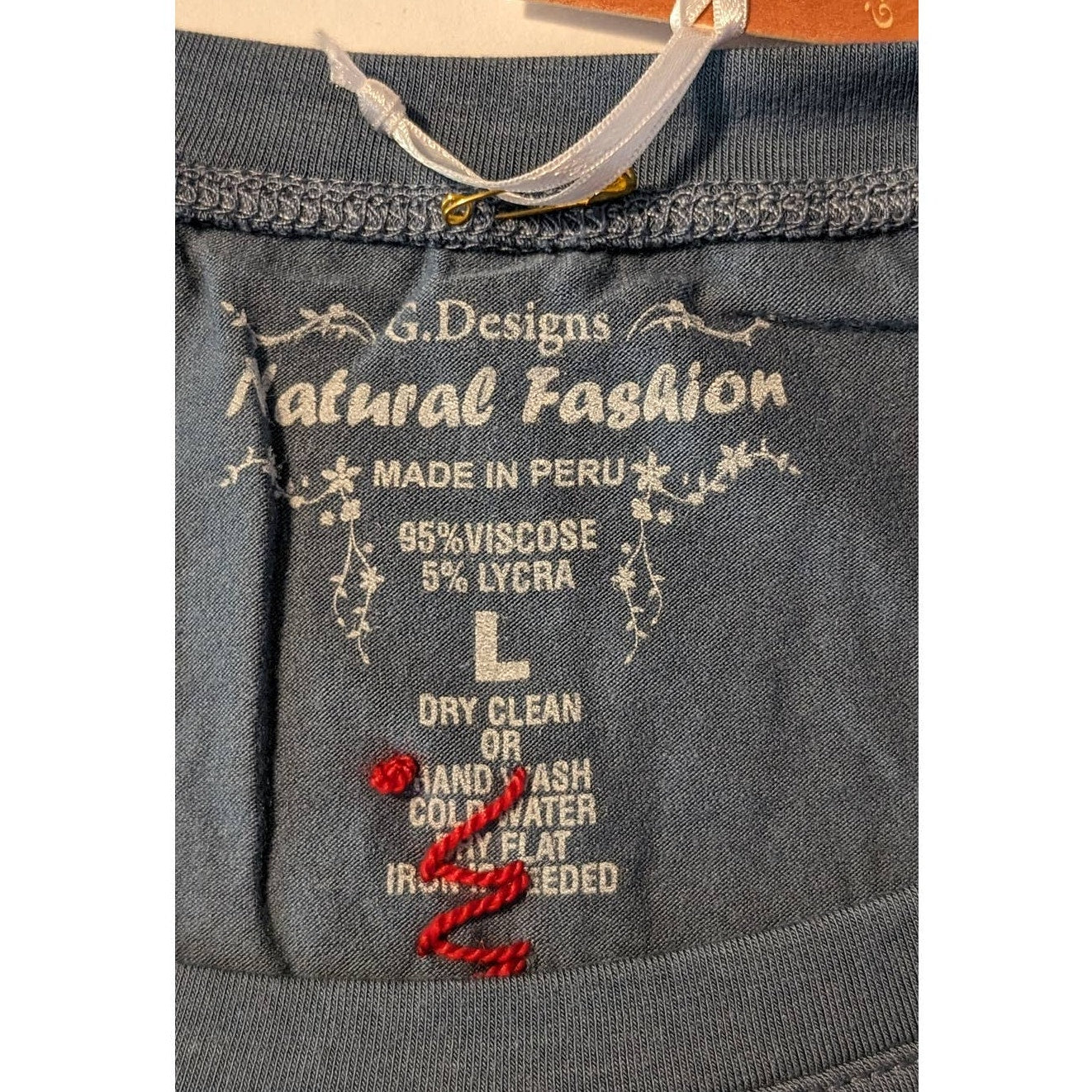 G. Designs Dusty Blue Embroidered Boho Long Sleeve Viscose/Lycra Tee Womens Sz L