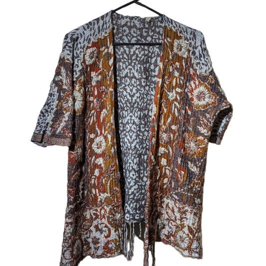 Soft Surroundings Pasha Pumpkin Leopard Print Fringe Cardigan Womens Sz S/M