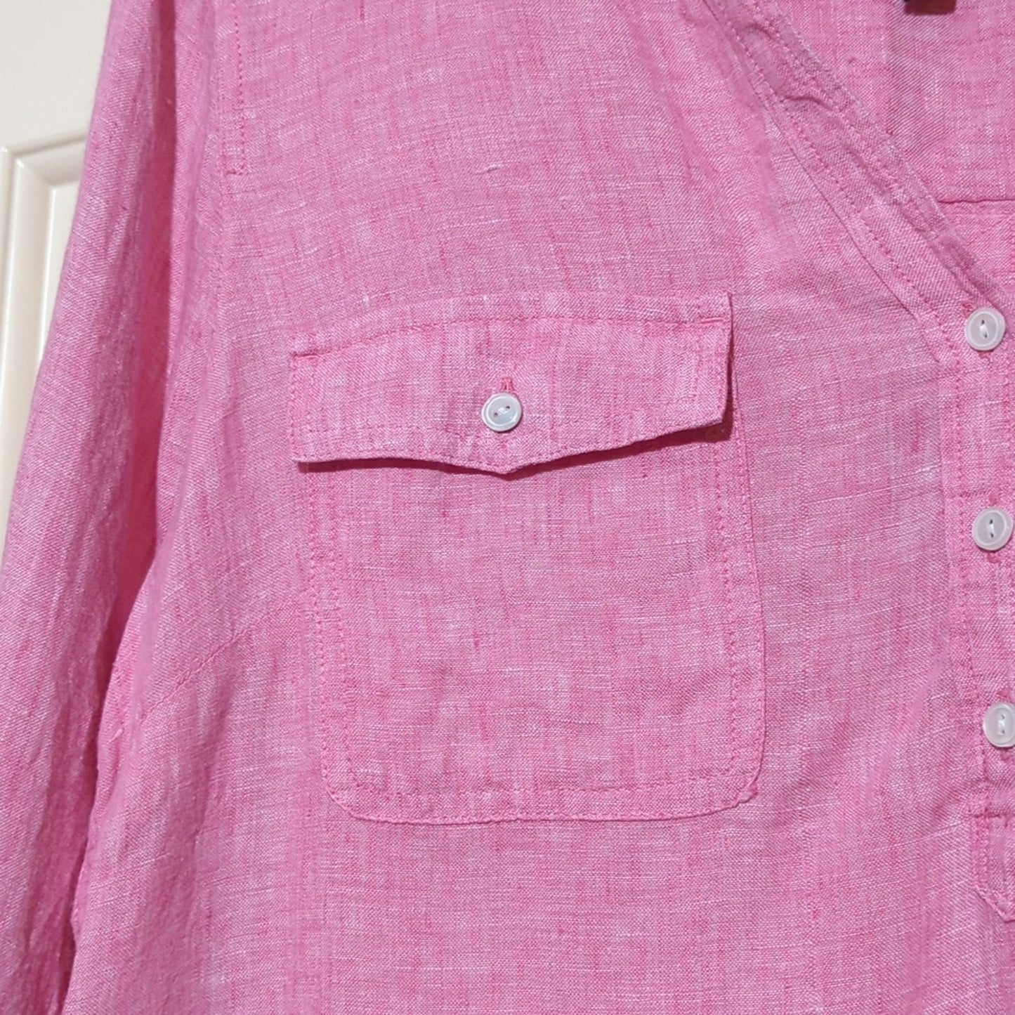 Talbot's Pink Linen V-Neck Roll Tab Sleeve Two Front Button Pocket Shirt Size L